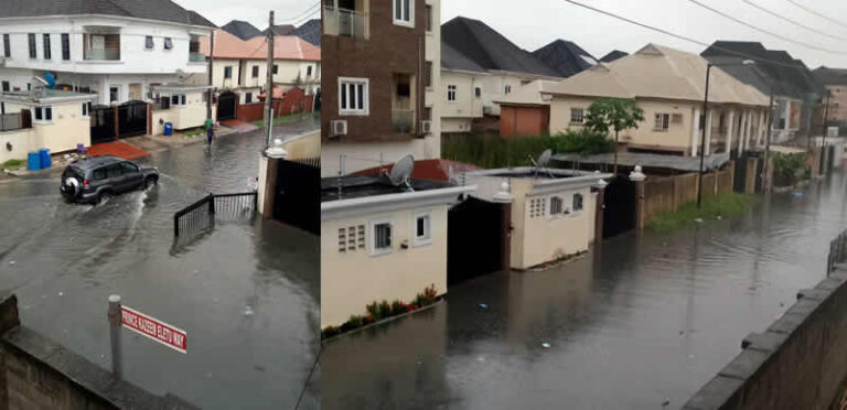 Flooded residential street in Lagos showing submerged houses, vehicles, and poor drainage infrastructure.